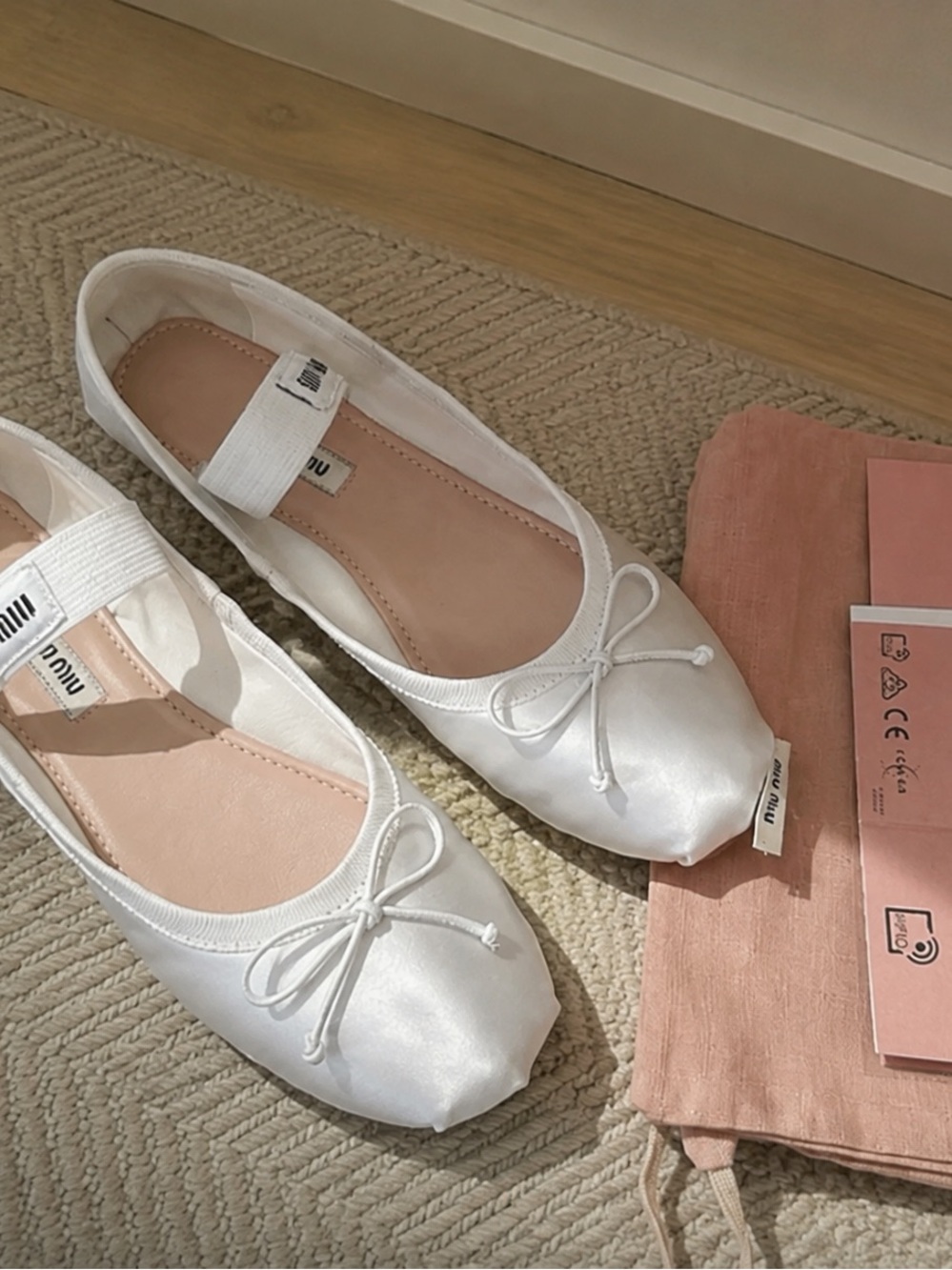 Miu Miu White Satin Ballet Flats with Elastic Strap